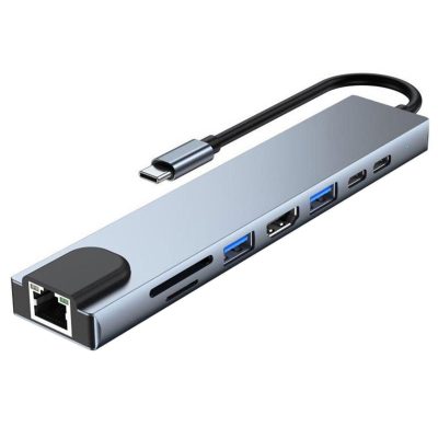 Adaptador USB-C 8 En 1 HDMI+Usb+UsbC+SD+TF+PD+Lan