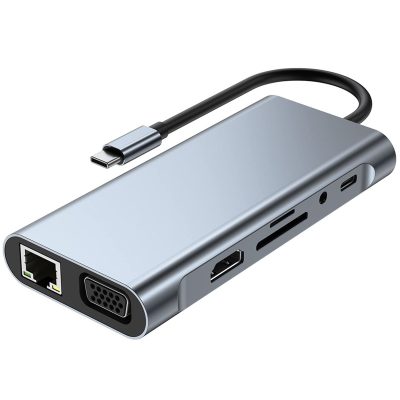 Adaptador Tipo C 11 En 1HDMI+Aux+SD+TF+PD+Lan+VGA